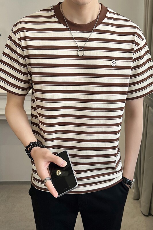 2025夏男款幸运符贴标经典条纹修身短袖T恤A230-882757-P50(控75),男装T恤,电商A230