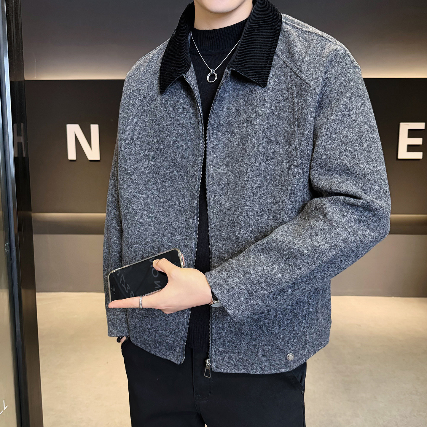 2025冬季男款微宽松方领撞色毛呢夹克外套A230-8909-P165(控265),男装夹克,电商A230