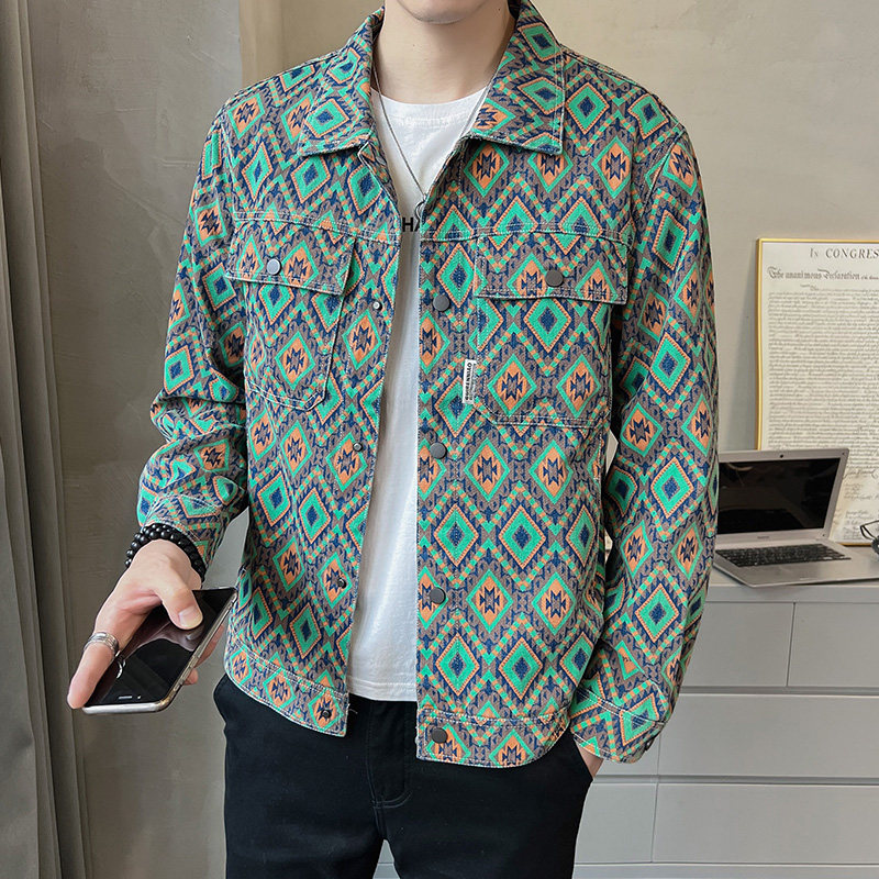 2026春男款修身方领民族风彩印牛仔夹克外套A230-3568-P98(控150)，男装民族服装，电商A230