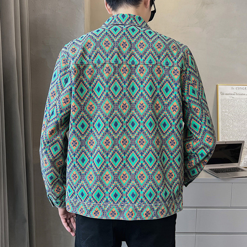 2026春男款修身方领民族风彩印牛仔夹克外套A230-3568-P98(控150),男装民族服装,电商A230