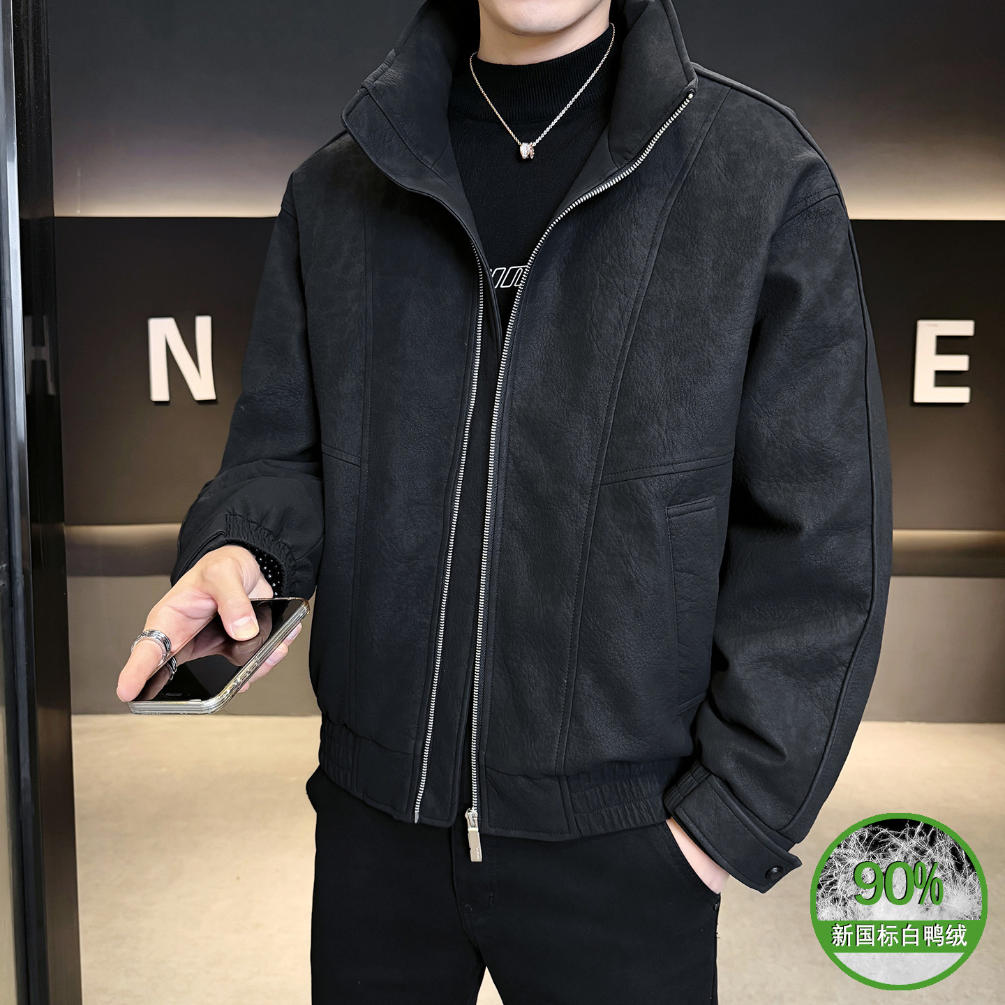 2025冬男微宽松立领标90白鸭绒皮羽绒服A230-2586-P268(控368)，男装羽绒服，电商A230