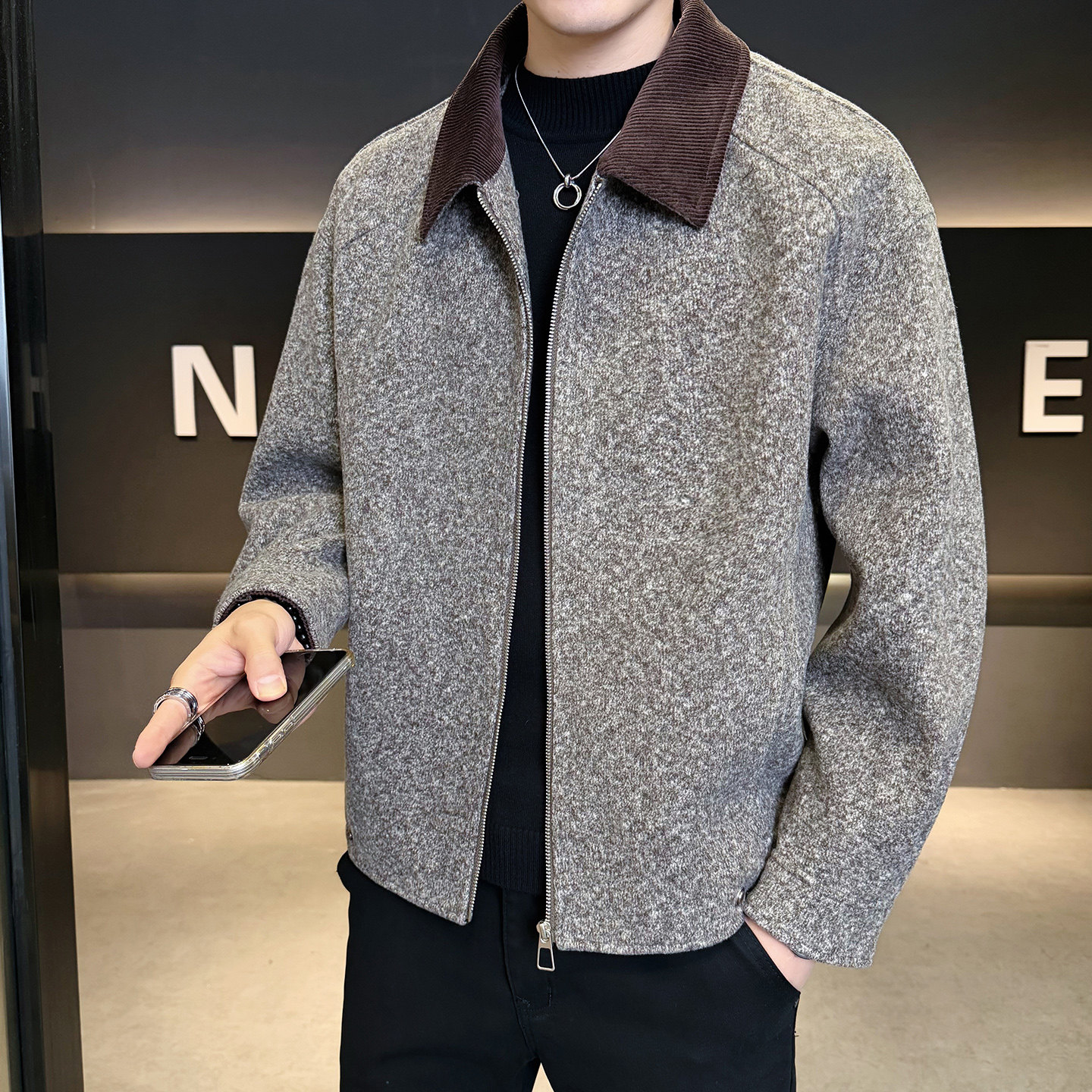 2026冬季男款微宽松方领撞色毛呢夹克外套A230-8909-P165(控265)，男装夹克，电商A230