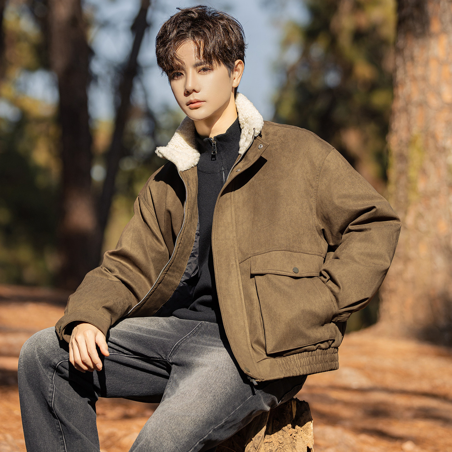 2025冬男款羊羔毛领鹿皮绒标90羽绒外套A230-0031-P259(控359），女装短外套，电商A230