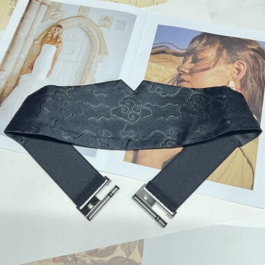 原创设计手工制作腰带如意祥云织锦缎黑色暗纹可调节松紧腰带腰封