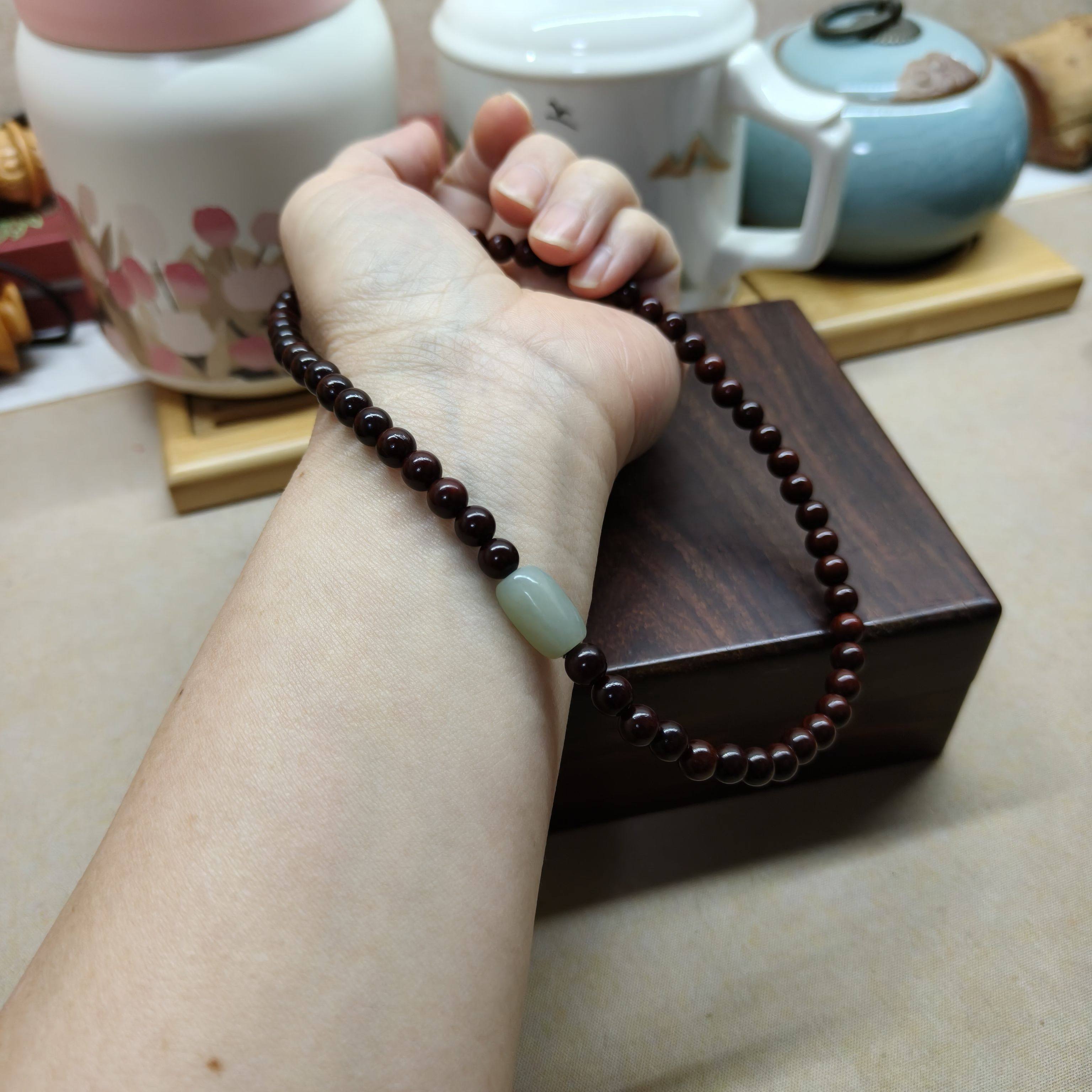 天然印度小叶紫檀木和田玉双圈手串木质男女情侣简单秀气素雅叠戴