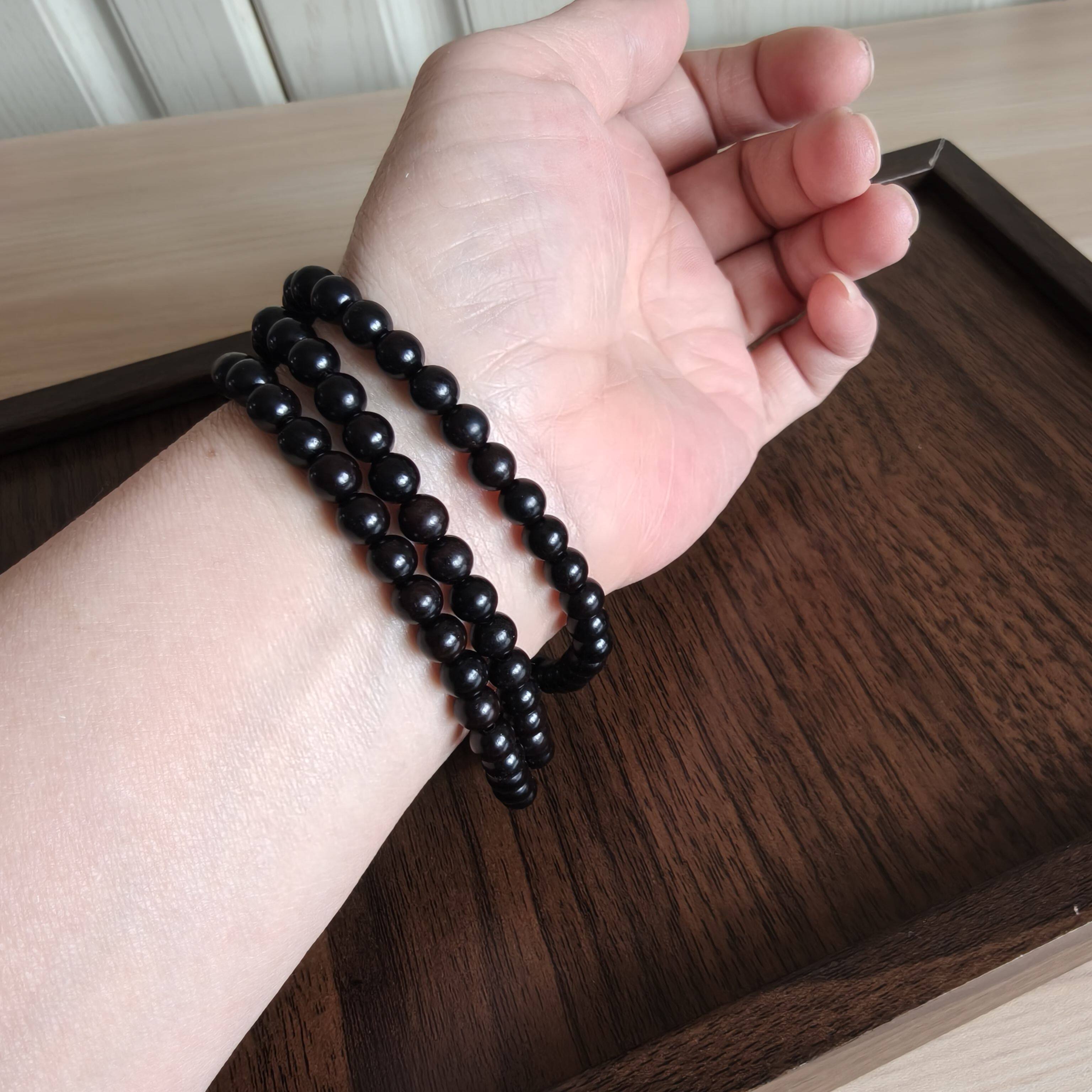 天然黑檀木三圈素珠手串男女款实木木质手链简单大气经典黑色百搭