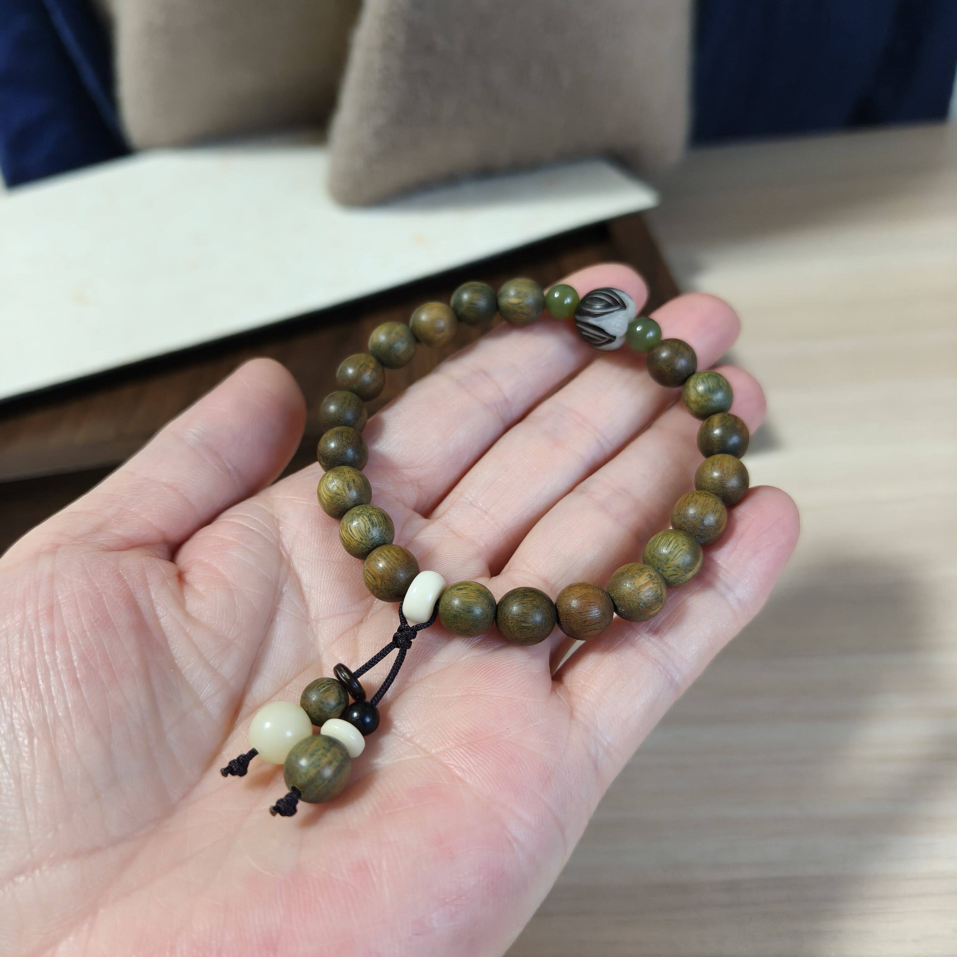 天然阿根廷老绿檀木菩提莲花手串两戴流苏坠木质男女手链单圈8mm