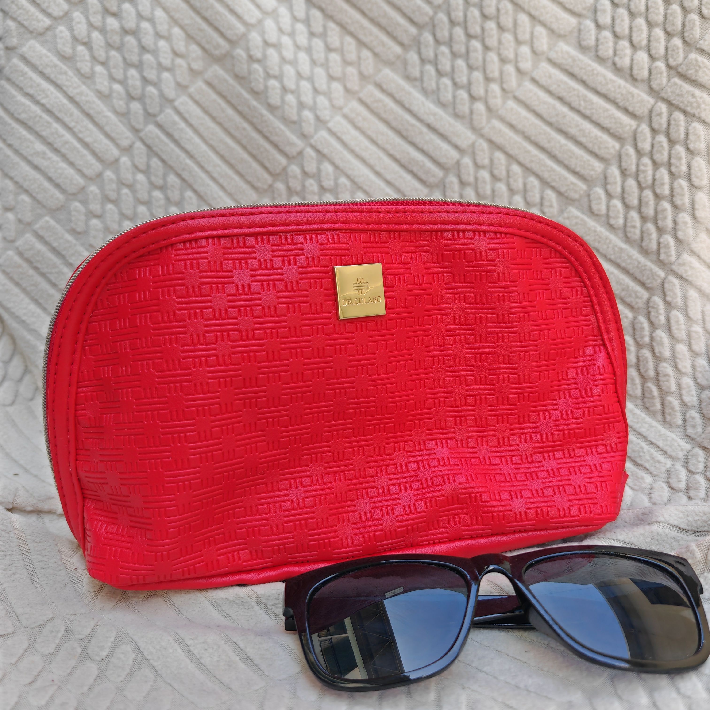 日单纹路化妆包便携收纳包化妆袋随身便携小物件收纳包女生大红色