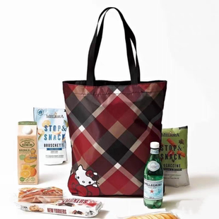 日杂附录新款购物袋折叠环保收纳袋KT猫可爱卡通单肩包格纹托特包