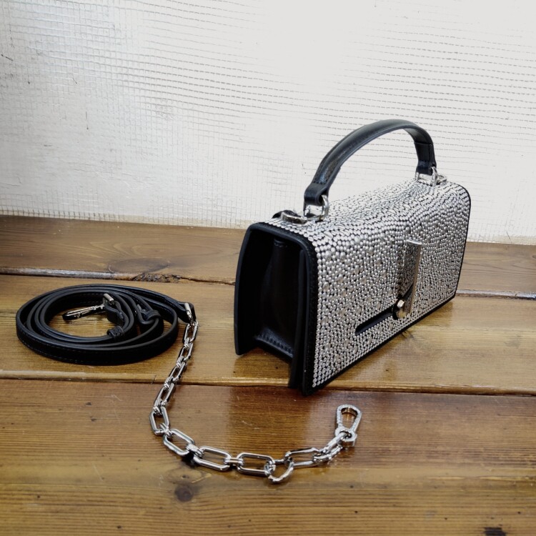 1979欧美高品质定型真皮亮片银片手提单肩斜挎包潮流洋气女小方包