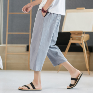 夏季休闲裤男百搭棉麻宽松亚麻裤韩版潮流七分裤八分直筒K821P20图片