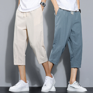 夏季休闲裤男百搭棉麻宽松亚麻裤韩版潮流七分裤八分直筒K821P20图片