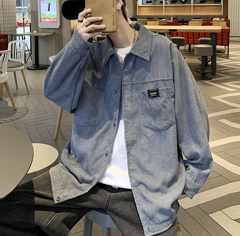 港风灯芯绒加厚长袖衬衫男春秋季大码衬衣外套休闲上衣服JK2022,男装衬衫,四季星座303A