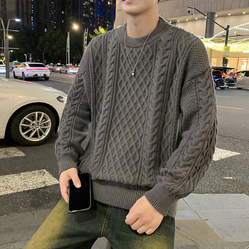 MY8267麻花毛衣男生秋冬季新款复古日系慵懒风圆领男常规37加绒47,男装针织衫/毛衣,四季星座303A