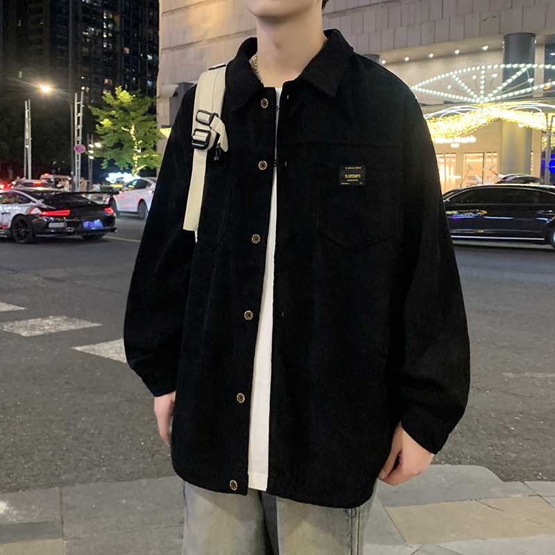 杏色灯芯绒休闲衬衫男长袖胖子大码宽松春秋复古日系工装衬衣外套图片