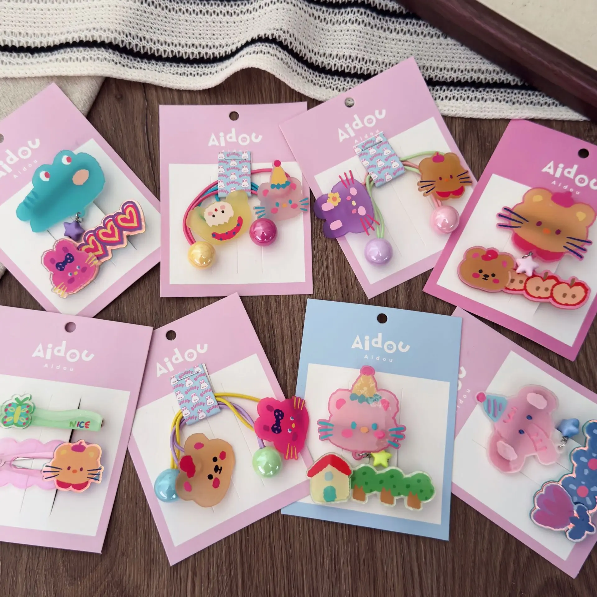 可爱彩色卡通亚克力儿童发夹发圈组合发卡边夹皮筋