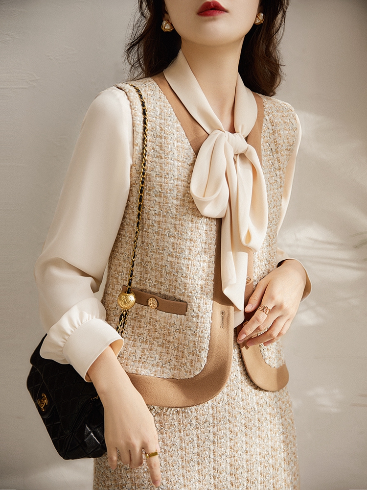 亮金羊毛粗花呢马甲/半裙套装