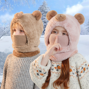 儿童东北哈尔滨雪乡防寒装备面罩围脖帽子一体延吉穿搭加绒雪地帽