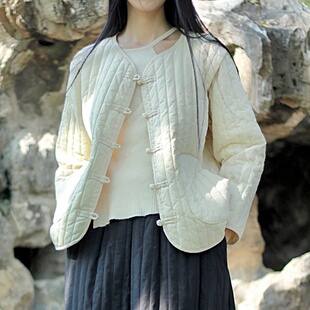 大码女装2023秋冬棉麻文艺清冷风复古盘扣休闲短款棉衣薄外套棉服