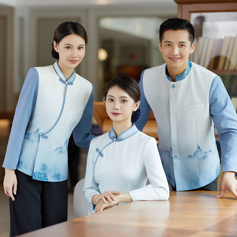 23秋冬新款亿珑烟波山水系列新中式餐饮服务员迎宾传菜工作服大码