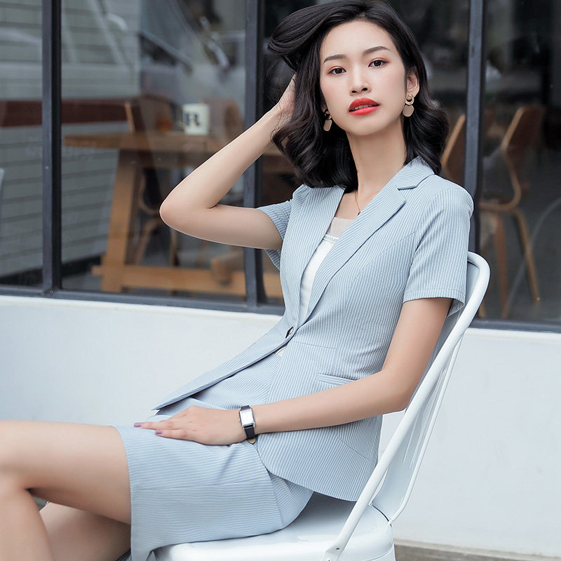 亿珑新款OL职业装短袖西服条纹百搭西裙套装白领工装企业形象提升