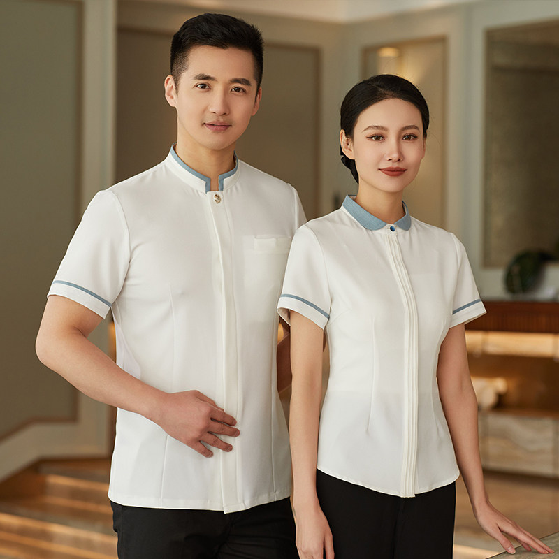 23亿珑新款窄圆领快餐火锅店茶社服务员传菜工作制服男女大码