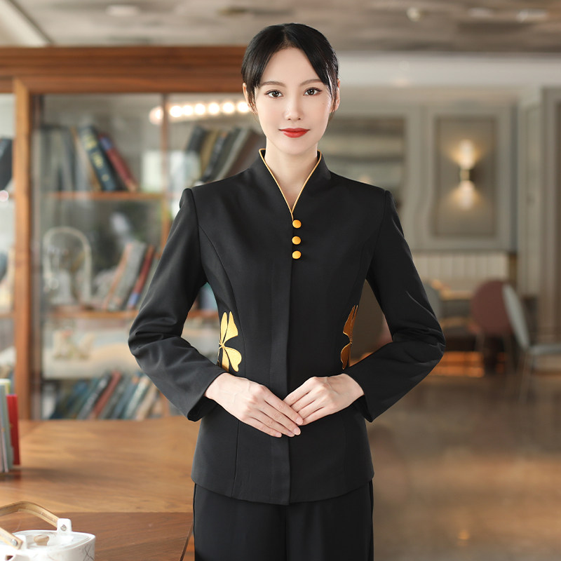 2022亿珑秋冬新款腰间蝴蝶花女装酒店餐厅火锅店工作制服大码双色