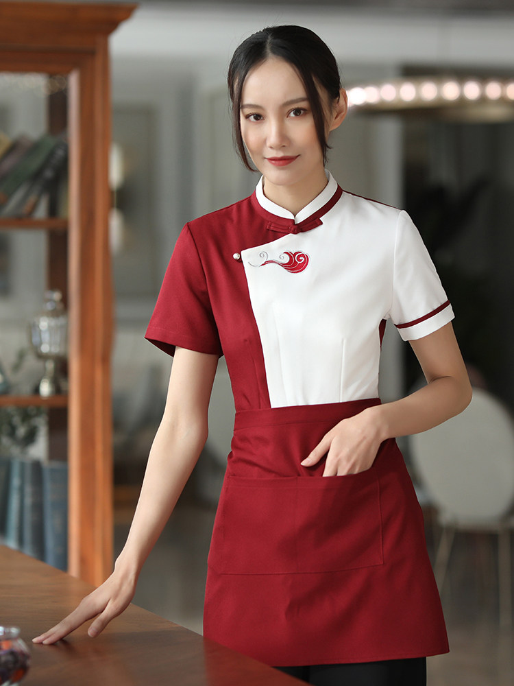 22亿珑春夏中餐厅酒店茶楼简餐男女工作服短袖夏装简洁绣浪花工装