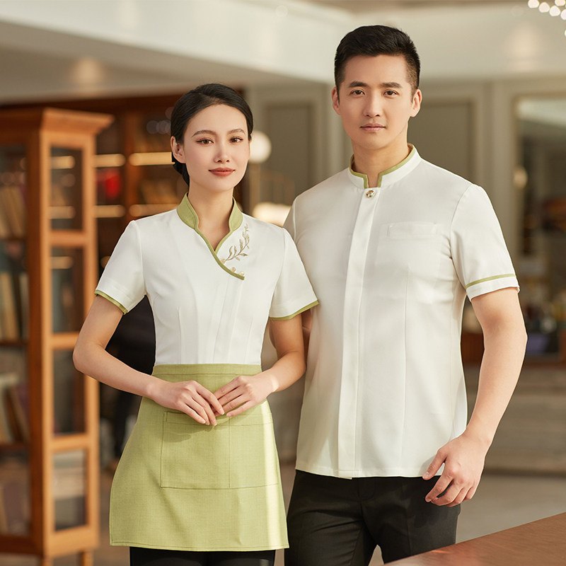 23亿珑新中式柳叶领创意服务员传菜工作制服短袖男女款大码