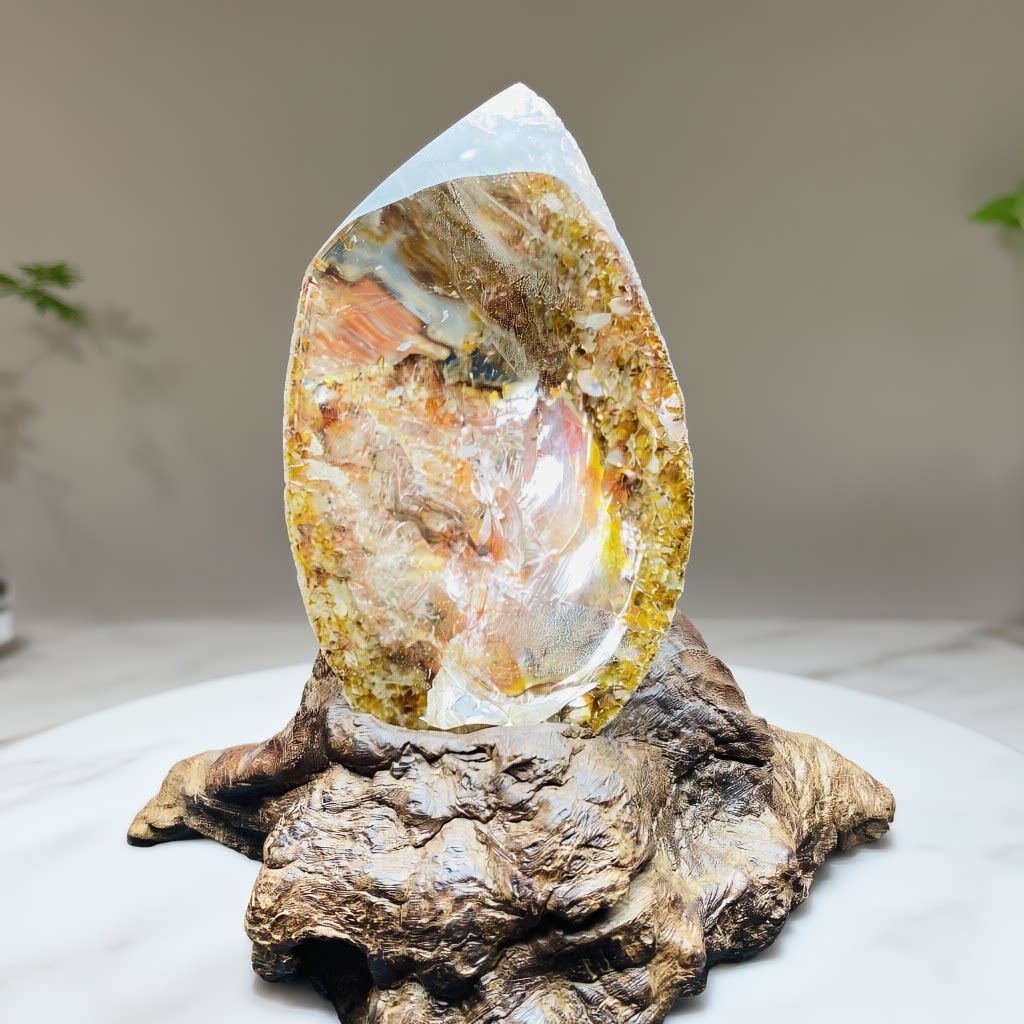 天然红胶花景石原石打磨摆件