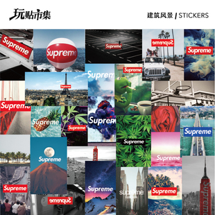 单张 潮牌城市建筑风景椰子树方块贴画行李箱笔记本电脑防水贴纸