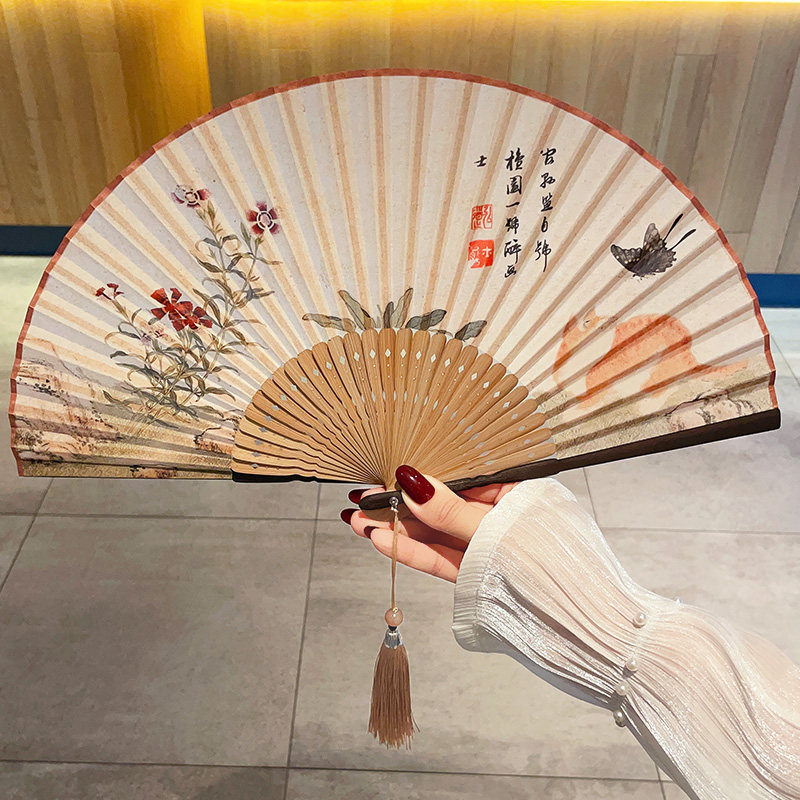 古风扇子古典国风竹扇棉麻布面扇中式纳凉扇复古风女便携日式折扇