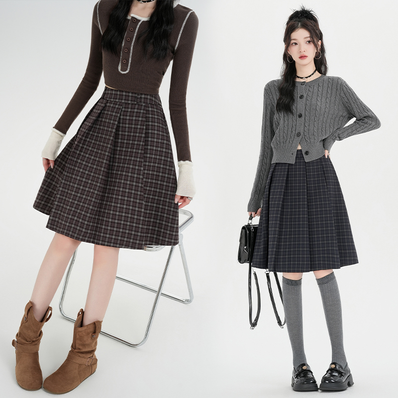A字复古高腰显瘦格纹百褶半身裙