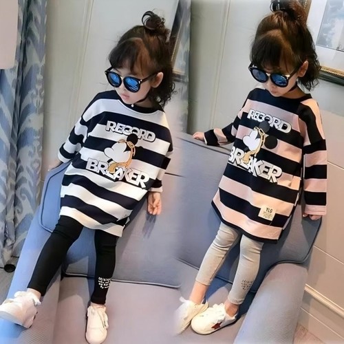 女童长款卫衣春秋圆领条纹卡通打底衫潮薄款新款中大童宽松T恤潮