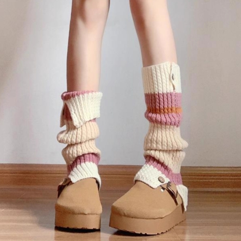 日系拼色堆堆袜套女秋冬保暖雪地靴针织小腿袜纽扣亚文化腿套辣妹