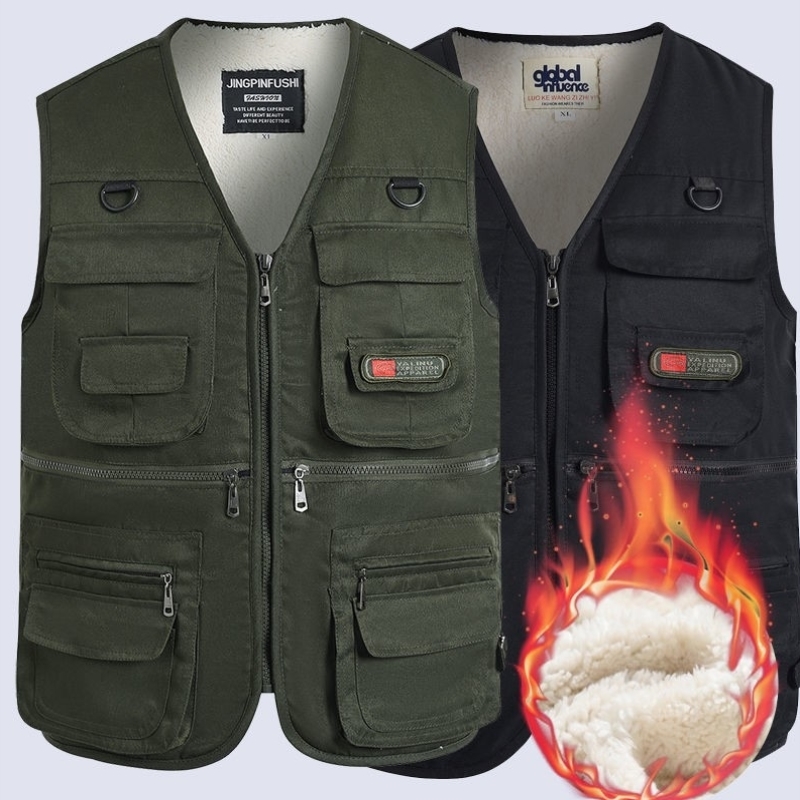 秋冬款加绒加棉男士多口袋户外保暖马甲大码宽松加棉加厚钓鱼背心