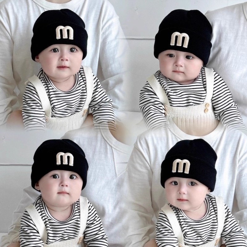 婴儿帽子秋冬季纯色字母男女儿童针织帽防风小月龄宝宝保暖套头帽
