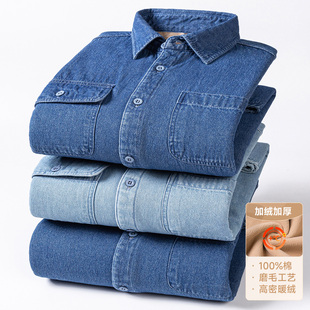 保罗冬季棉牛仔加绒加厚保暖衬衫男复古棉服保暖棉衣外套加肥大码