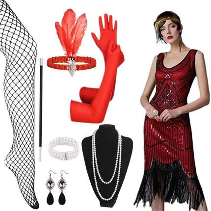 亚马逊外贸爆款复古1920S盖茨比亮片钉珠连衣裙晚宴礼服配件套装