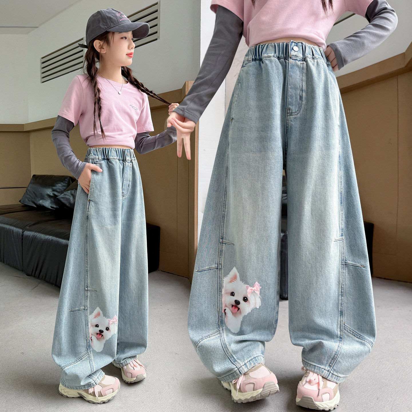 女大童裤春秋春装版牛仔裤休闲阔腿裤宽松女童裤子儿童弯刀窄春季