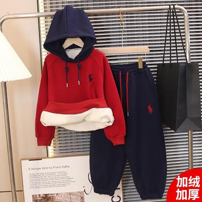 男童加绒男孩秋冬季2025新款本命年儿童冬装套装红色加厚连帽卫衣