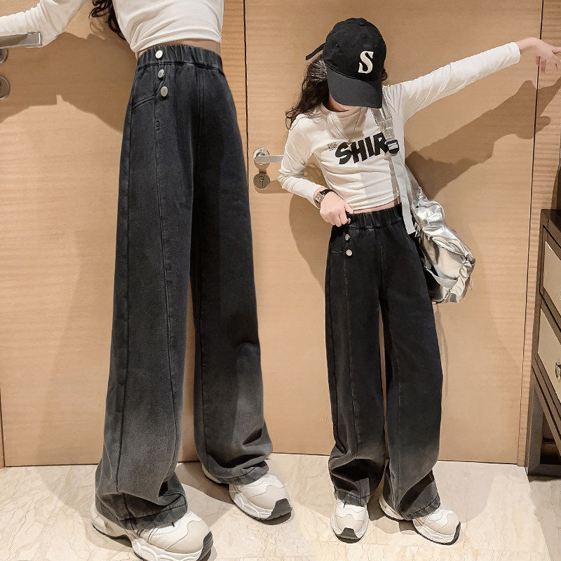 阔腿裤春款春秋女童大童春天春季宽松直筒黑色儿童裤子长裤牛仔裤