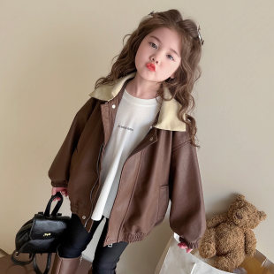 宝宝春秋上衣洋气女款 女童儿童超好看 休闲拼色皮衣2026外套春装