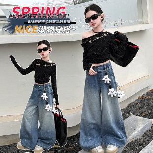 钻上衣跳舞辣妹长袖短款美式女童风走秀T恤炸街上衣儿童童烫黑色