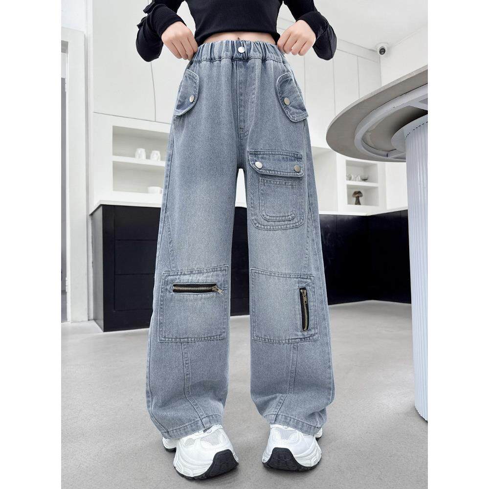 宽松风工装款中大童裤子儿童春秋阔腿裤新款时尚女童牛仔2026休闲