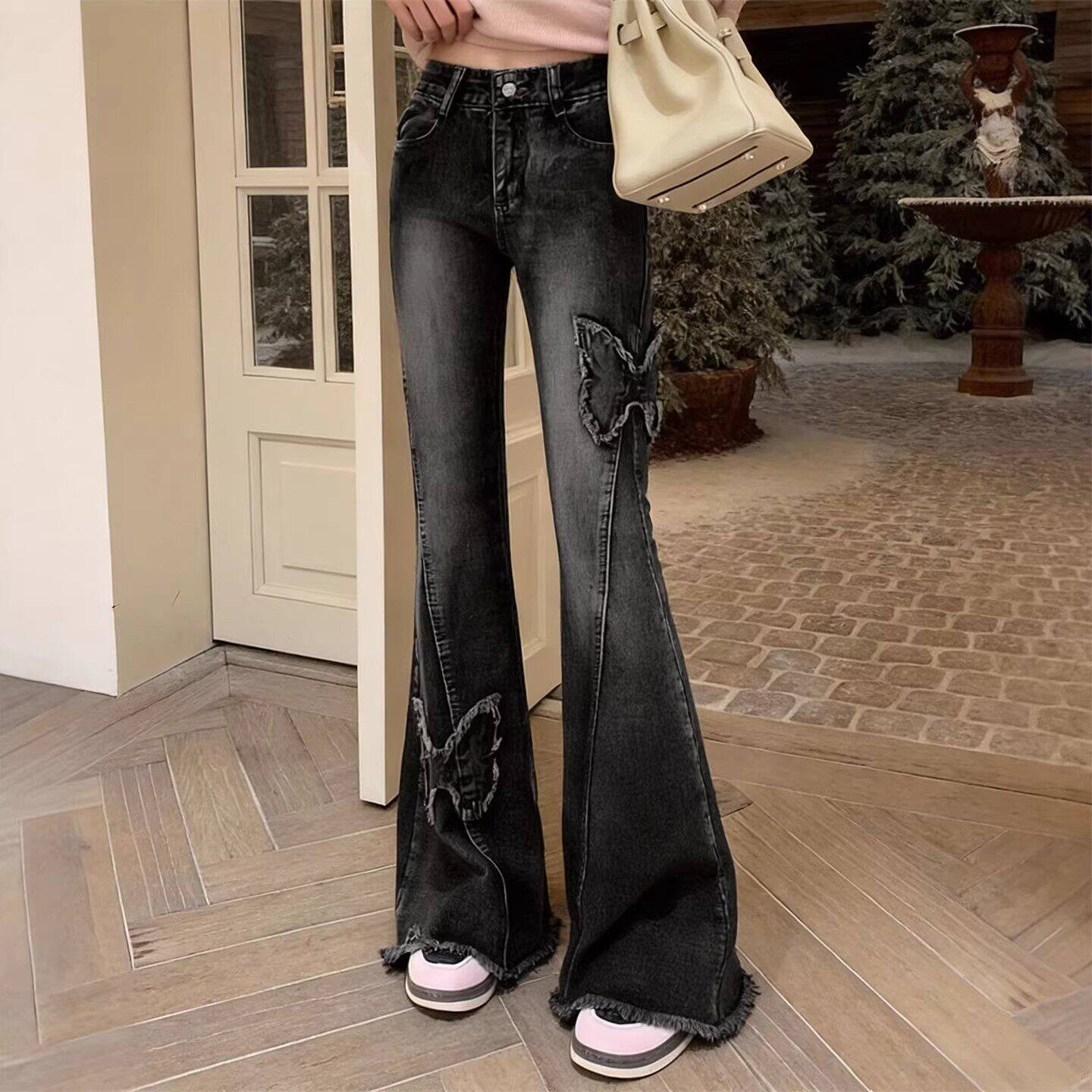 女童裤子冬装新款加绒儿童中大童冬季微喇长牛仔裤女孩黑色喇叭裤