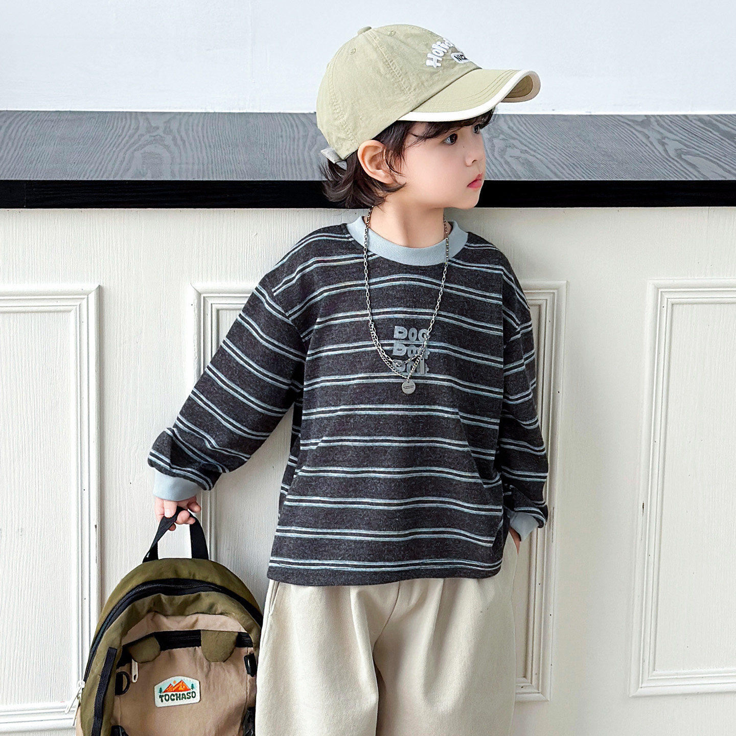 新款时髦衣服卫衣儿童条纹上衣男童痞帅春季小男孩宝宝2026春秋季