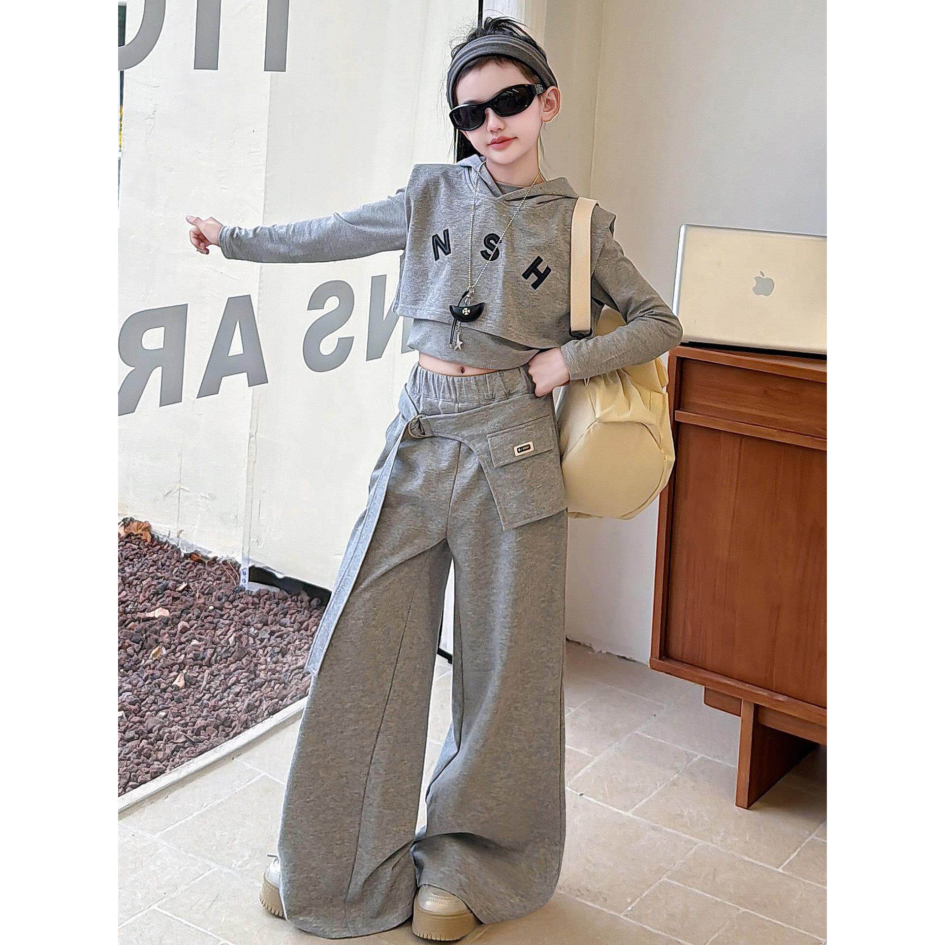 街舞辣妹潮酷阔腿裤2026女童春装休闲连帽中大童套装马甲套装美式