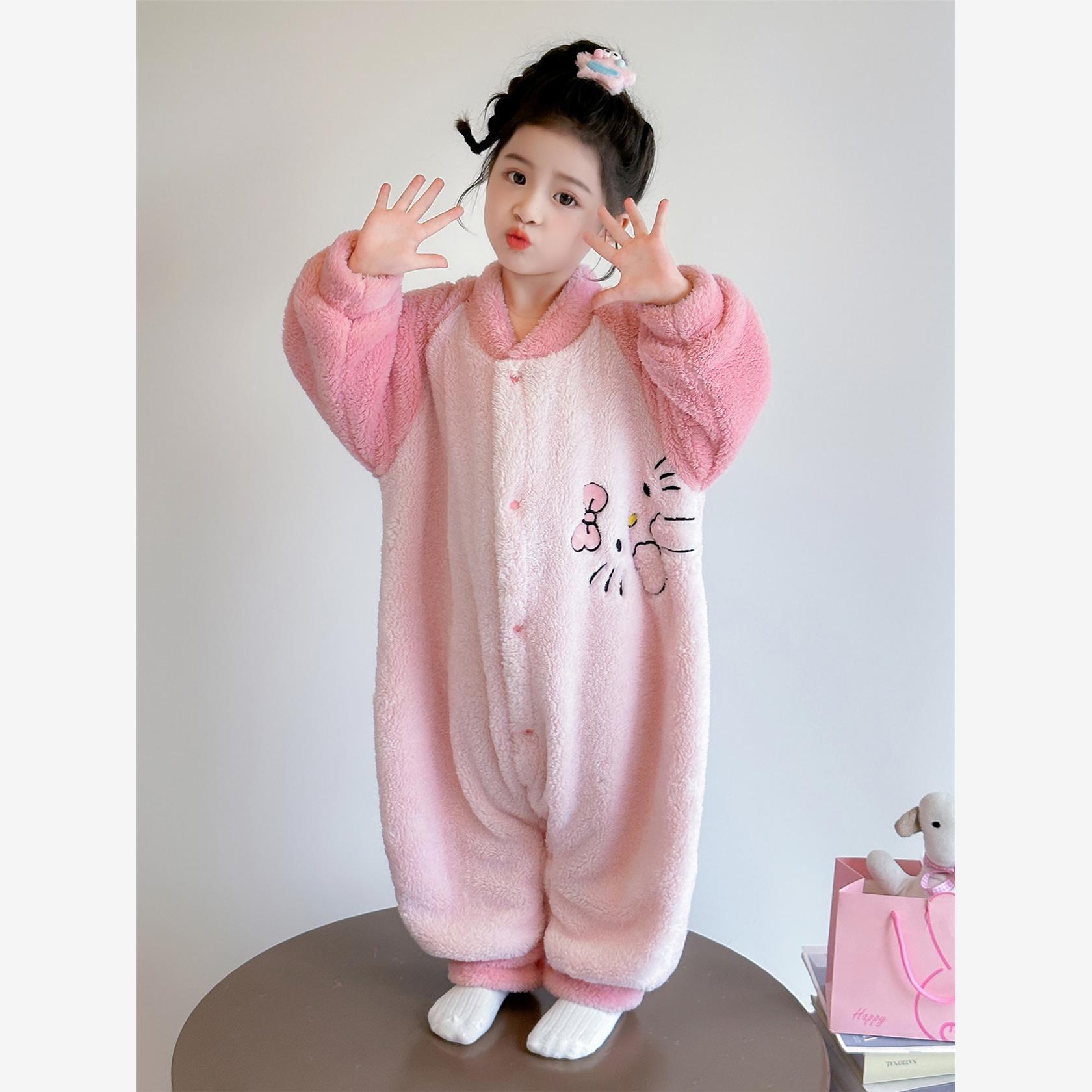 女童睡袋秋冬季珊瑚绒女宝宝冬款加厚防着凉儿童法兰绒连体爬服