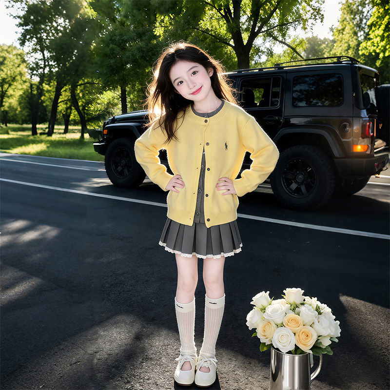 开衫制服jk百褶裙春装学院春秋2026套装新款两件套风女童针织儿童